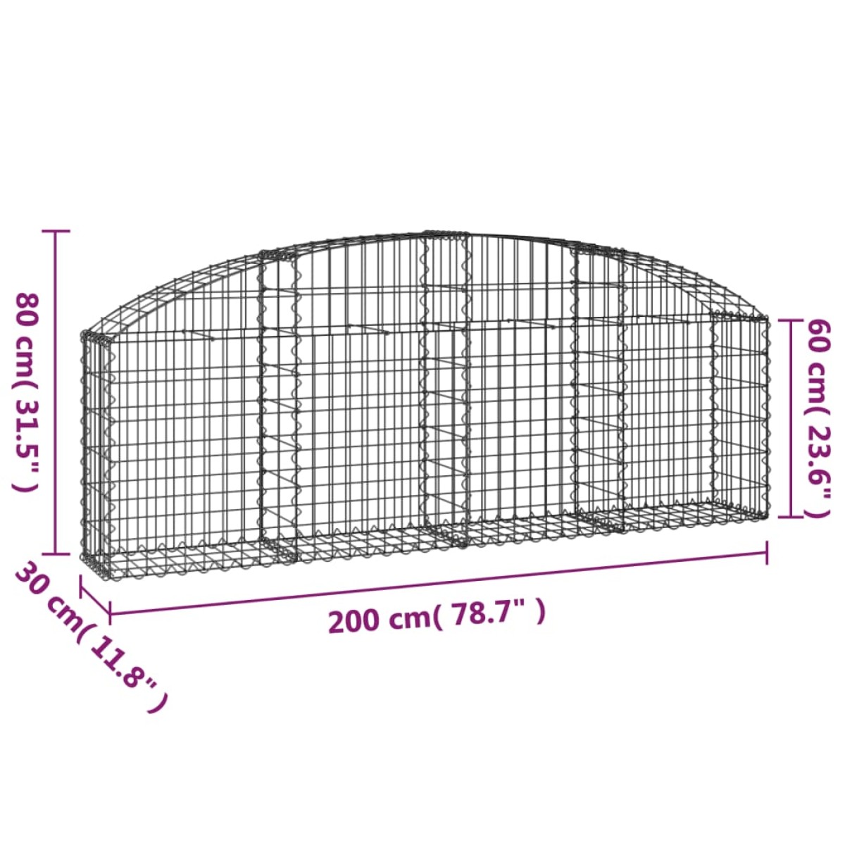 vidaXL Συρματοκιβώτιο Τοξωτό 200x30x60/80εκ. από Γαλβανισμένο Χάλυβα