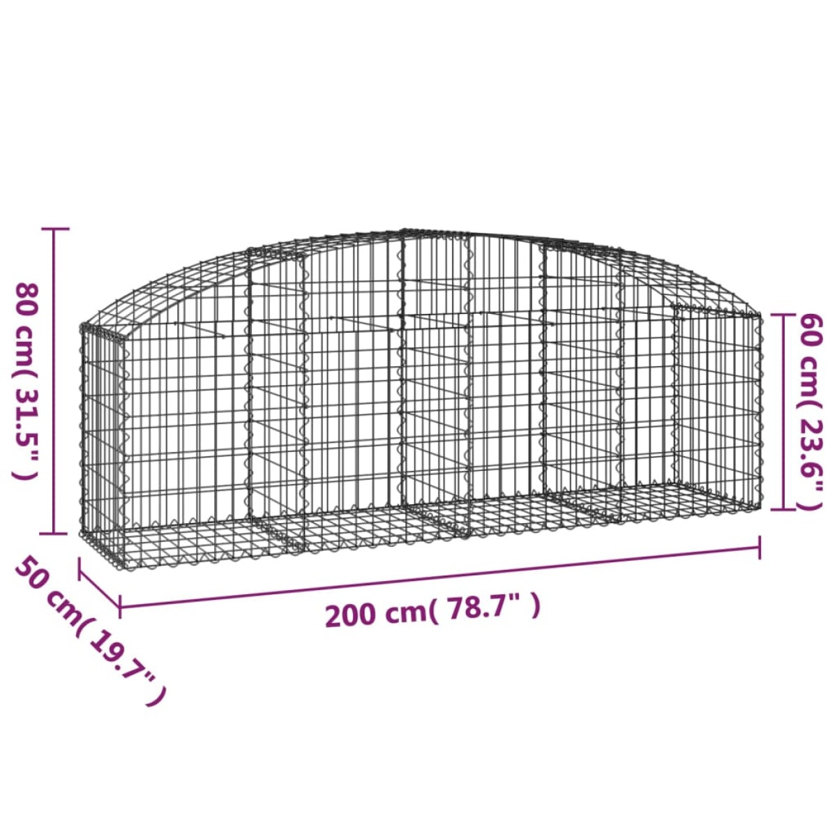 vidaXL Συρματοκιβώτιο Τοξωτό 200x50x60/80εκ. από Γαλβανισμένο Χάλυβα