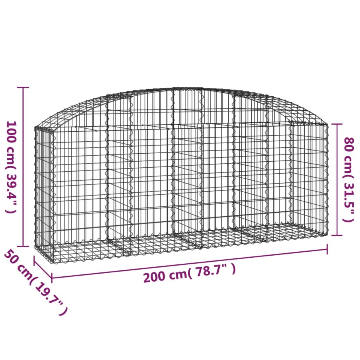 vidaXL Συρματοκιβώτιο Τοξωτό 200x50x80/100εκ. από Γαλβανισμένο Χάλυβα