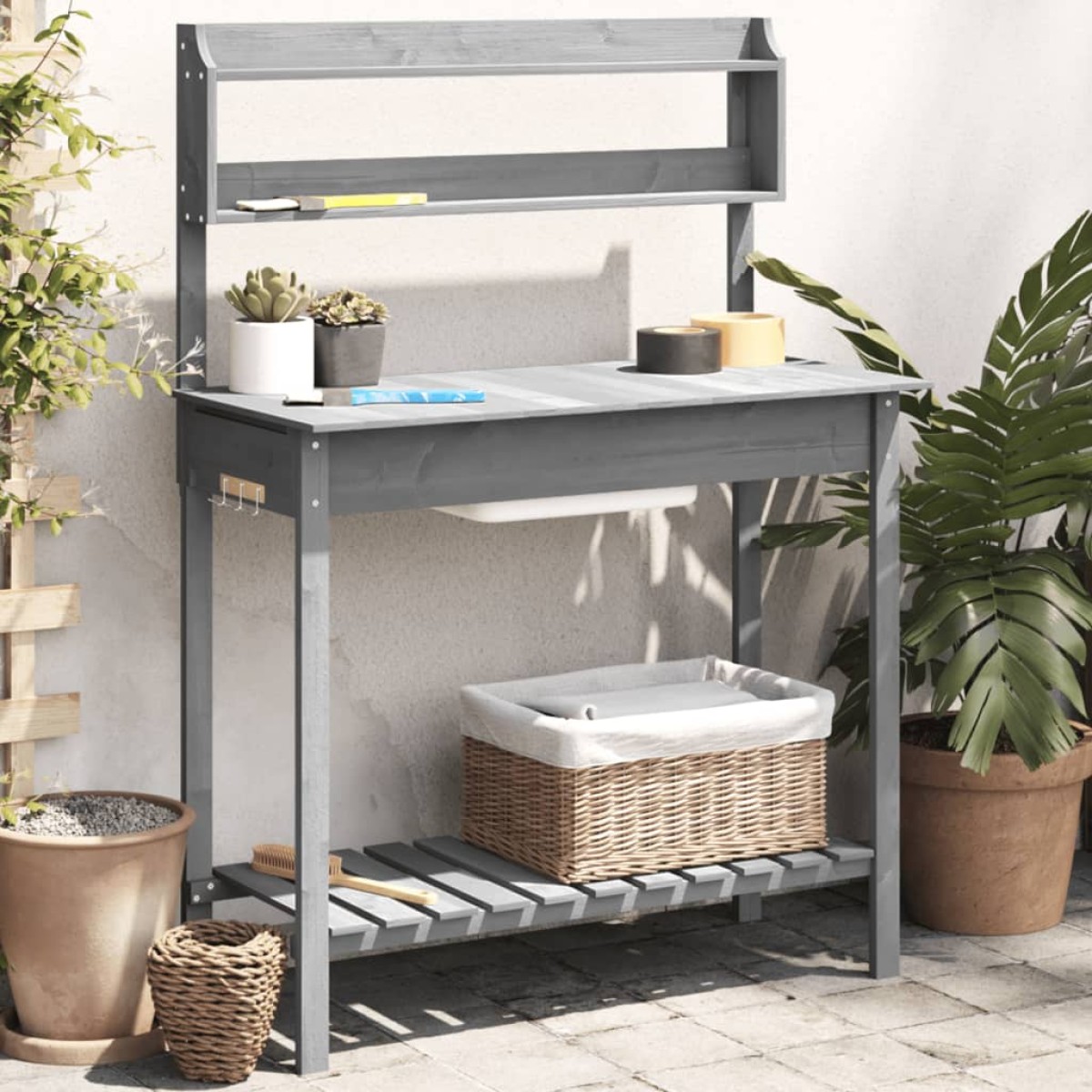vidaXL Τραπέζι για Γλάστρες+Νεροχύτη Γκρι 147,5x44x139,5εκ Μασίφ Ελάτη