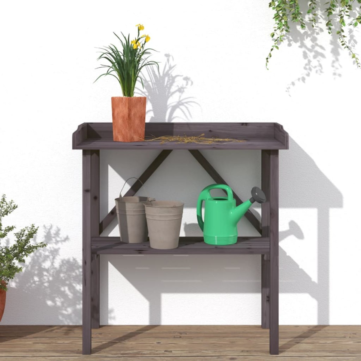 vidaXL Τραπέζι Φυτών με Ράφι Γκρι 78x38x82,5εκ. από Μασίφ Ξύλο Ελάτης