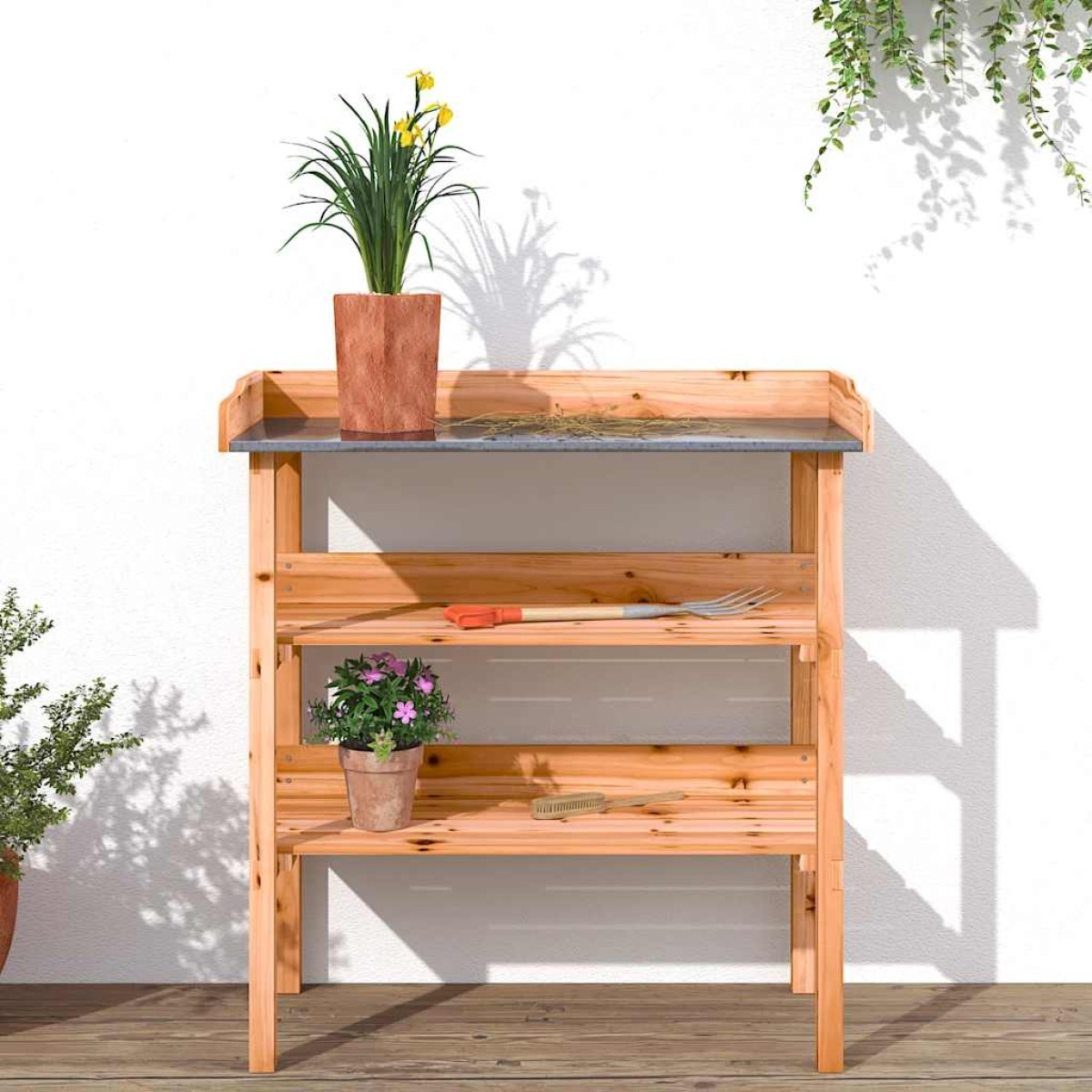 vidaXL Τραπέζι Φυτών με Ράφια Καφέ 78x38x82,5εκ. από Μασίφ Ξύλο Ελάτης