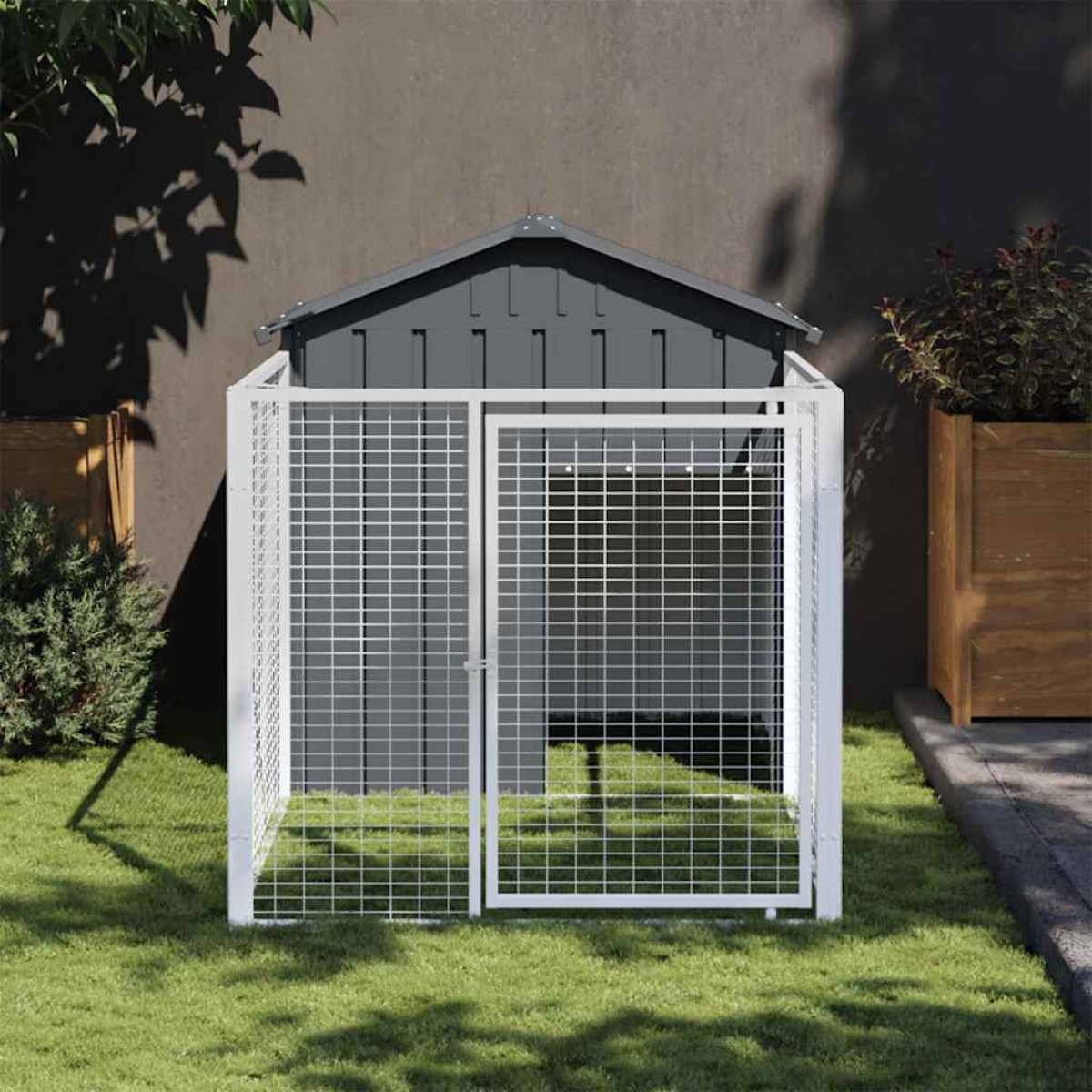 vidaXL Σπιτάκι Σκύλου με Αυλή Ανθρακί 117x201x123 εκ. Γαλβαν. Χάλυβας