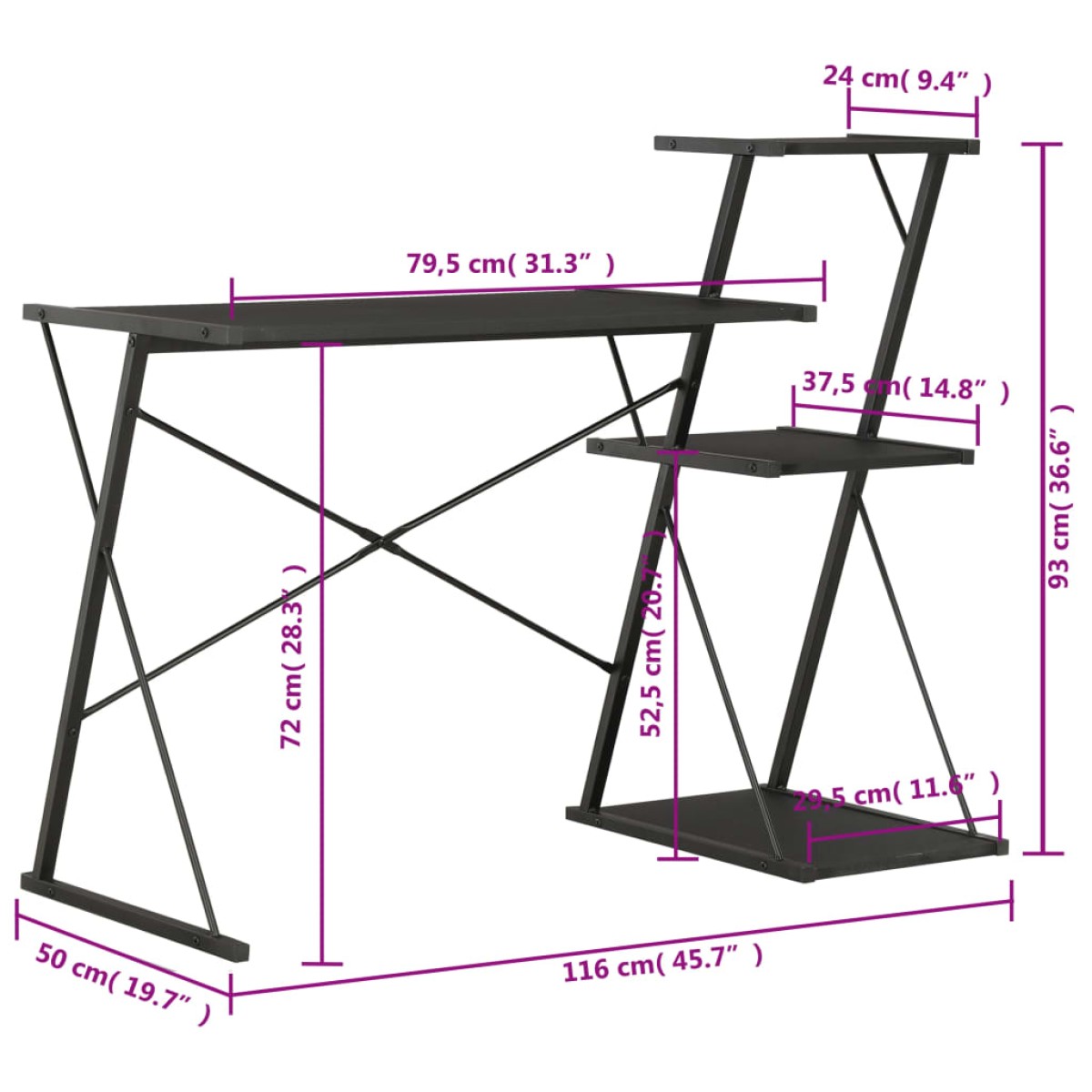 vidaXL Γραφείο με Ράφια Μαύρο 116 x 50 x 93 εκ.