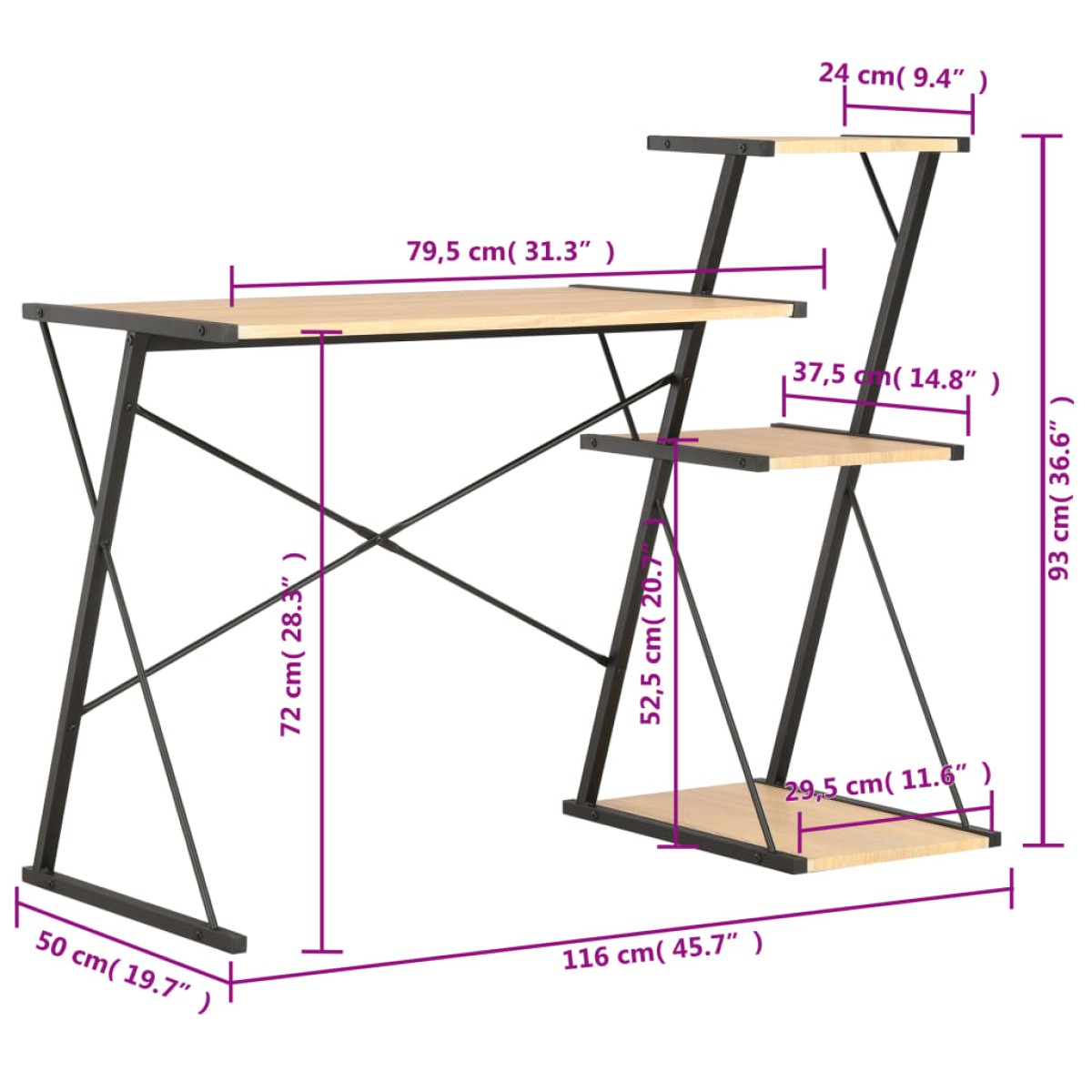 vidaXL Γραφείο με Ράφια Μαύρο / Χρώμα Δρυός 116 x 50 x 93 εκ.