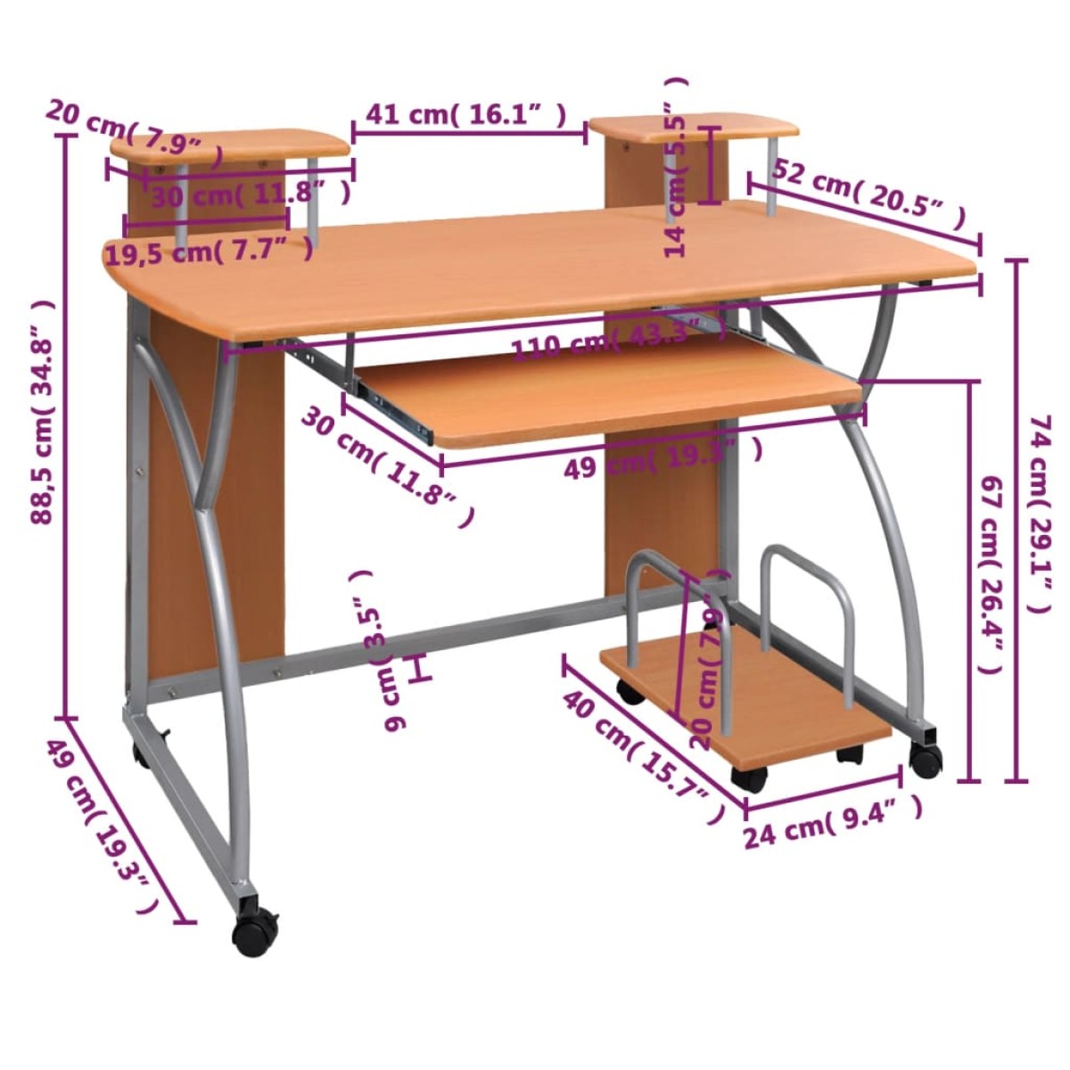 vidaXL Γραφείο Υπολογιστή Καφέ 110 x 52 x 88,5 εκ. Επεξεργασμένο Ξύλο