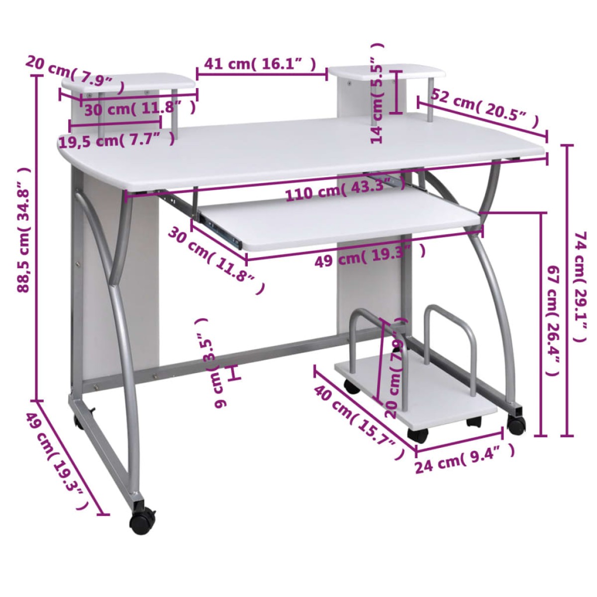 vidaXL Γραφείο Υπολογιστή Λευκό 110 x 52 x 88,5 εκ. Επεξεργασμένο Ξύλο