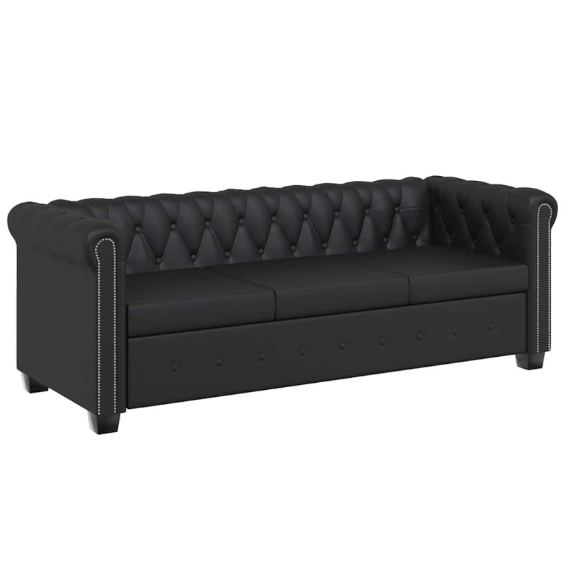 vidaXL Καναπές Τριθέσιος Chesterfield Μαύρος από Συνθετικό Δέρμα