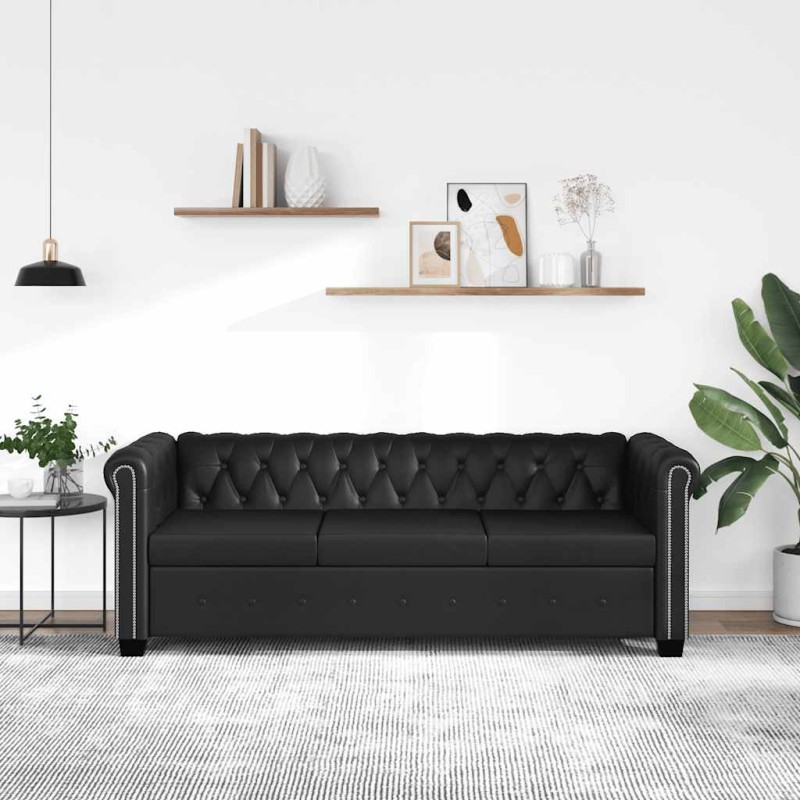 vidaXL Καναπές Τριθέσιος Chesterfield Μαύρος από Συνθετικό Δέρμα
