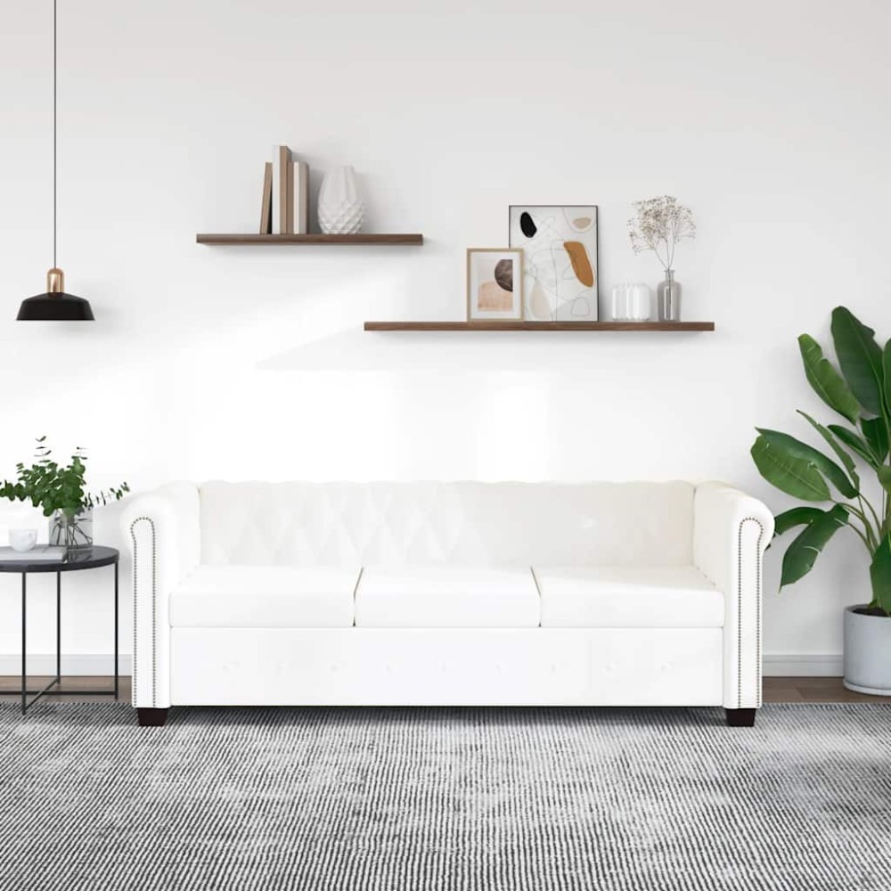 vidaXL Καναπές Τριθέσιος Chesterfield Λευκός από Συνθετικό Δέρμα