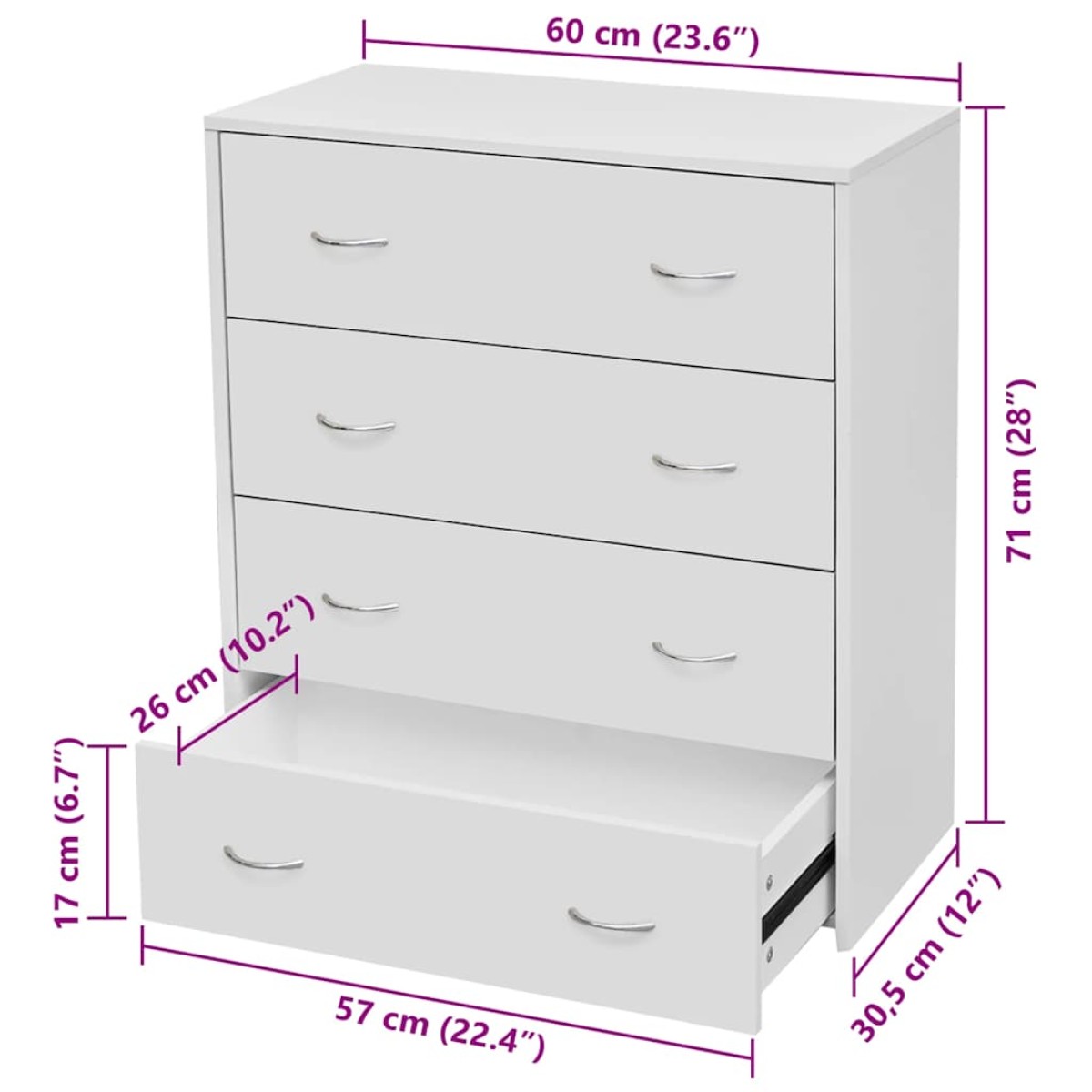 vidaXL Συρταριέρα με 4 Συρτάρια Λευκή 60 x 30,5 x 71 εκ.