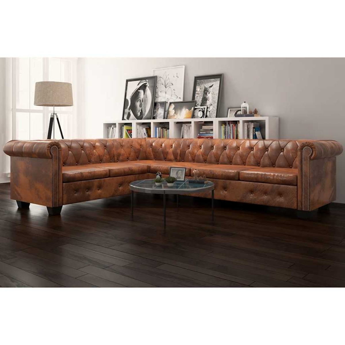 vidaXL Καναπές Γωνιακός Εξαθέσιος Chesterfield Καφέ Συνθετικό Δέρμα
