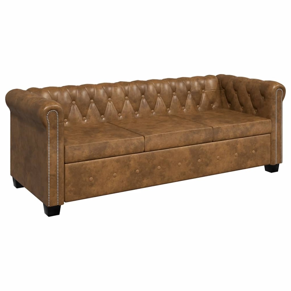 vidaXL Καναπές Τριθέσιος Chesterfield Καφέ από Συνθετικό Δέρμα