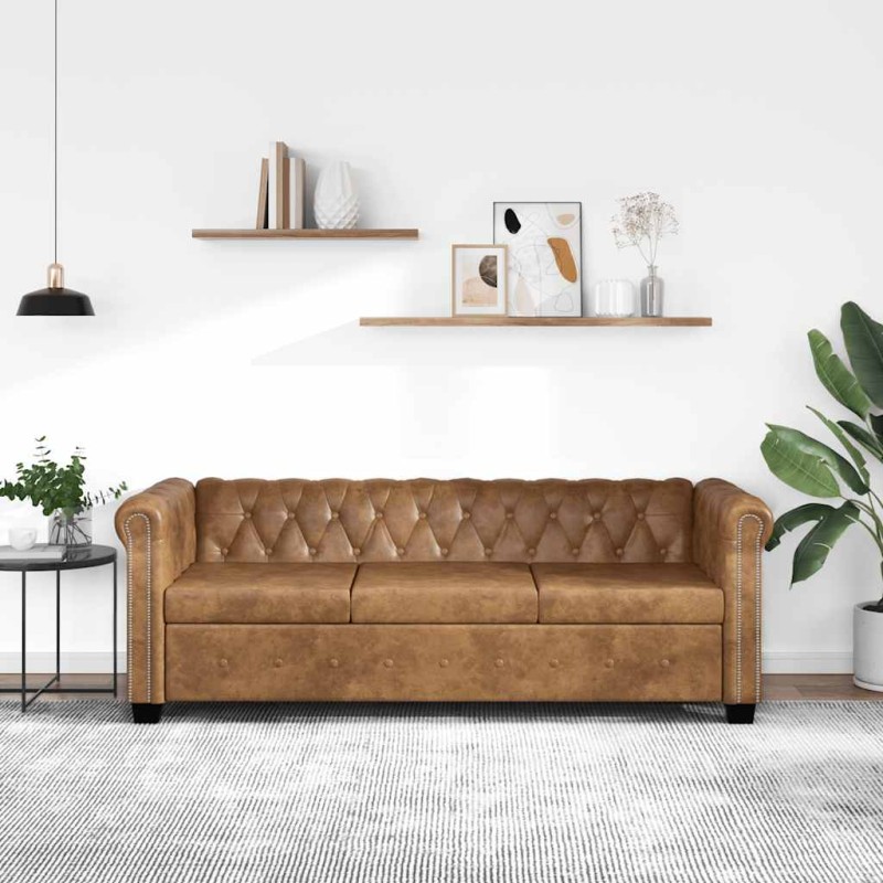 vidaXL Καναπές Τριθέσιος Chesterfield Καφέ από Συνθετικό Δέρμα