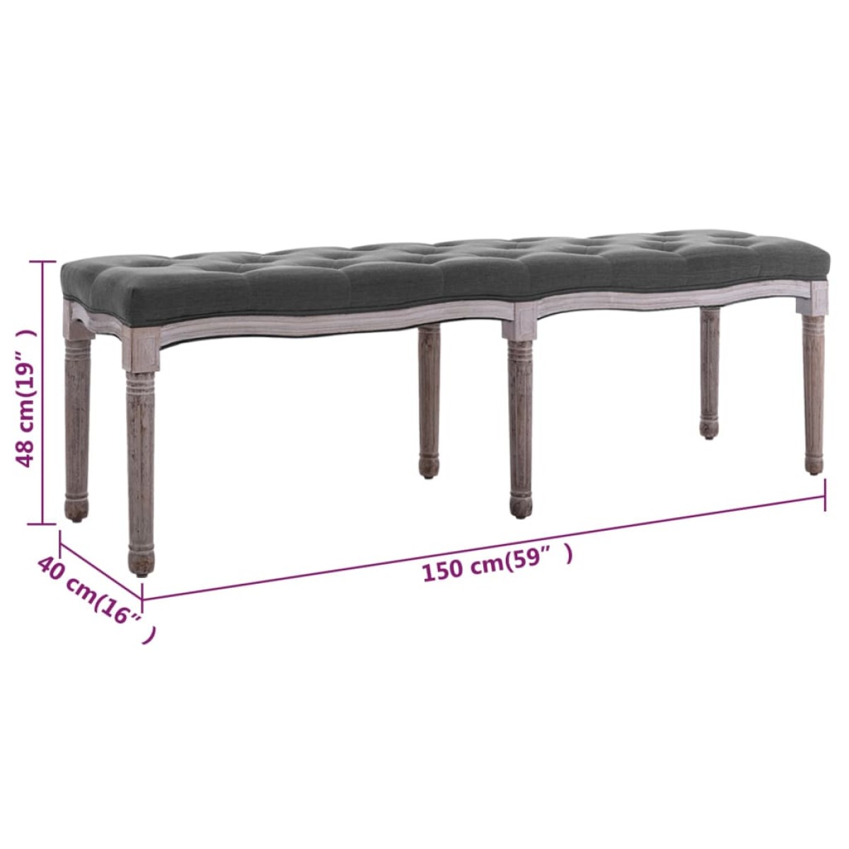 vidaXL Ταμπουρέ Σκούρο Γκρι 150 x 40 x 48 εκ. από Λινό και Μασίφ Ξύλο