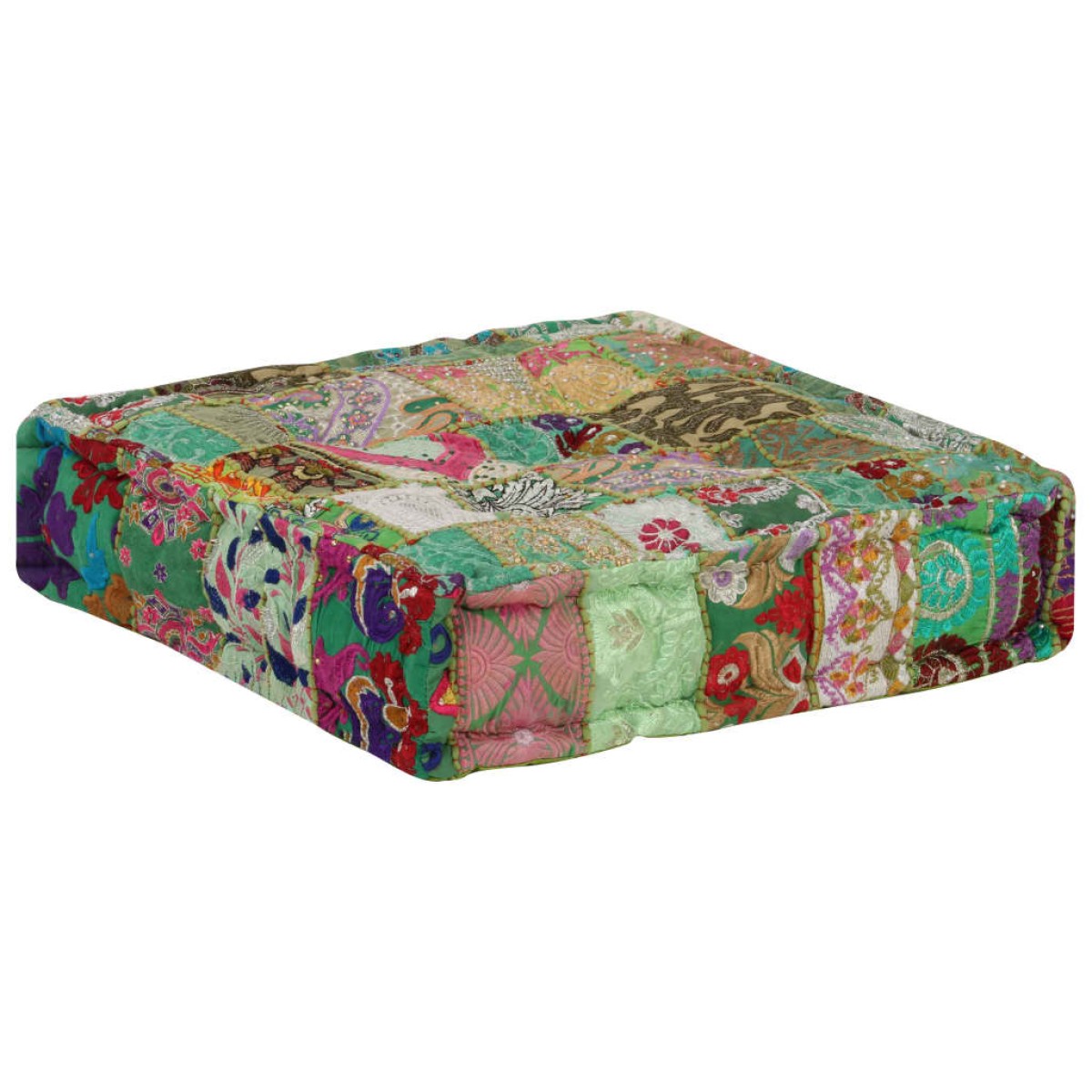 vidaXL Πουφ Patchwork Τετράγωνο Χειροπ. Πράσινο 50x50x12 εκ. Βαμβάκι