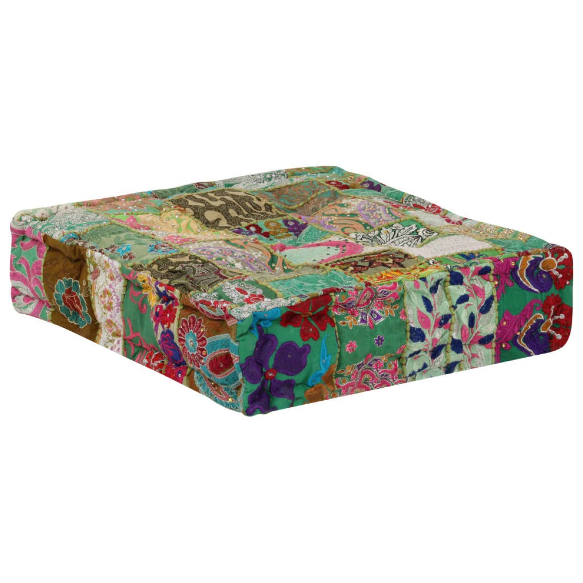 vidaXL Πουφ Patchwork Τετράγωνο Χειροπ. Πράσινο 50x50x12 εκ. Βαμβάκι