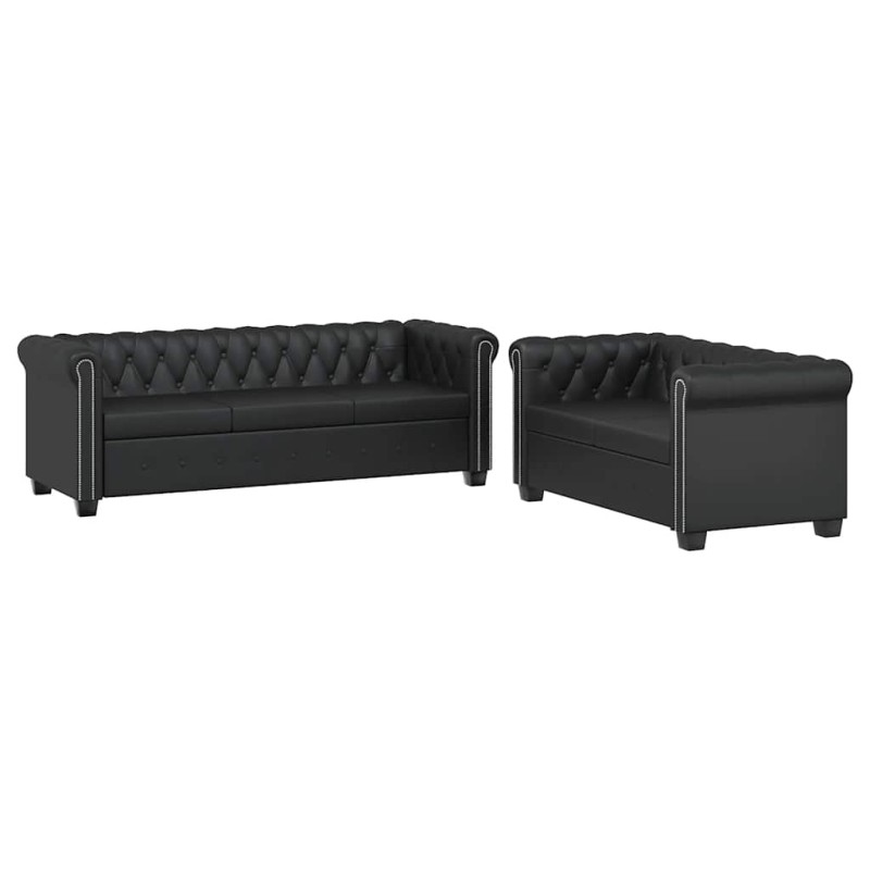 vidaXL Καναπέδες Chesterfield Διθέσιος + Τριθέσιος Μαύρο Συνθ. Δέρμα