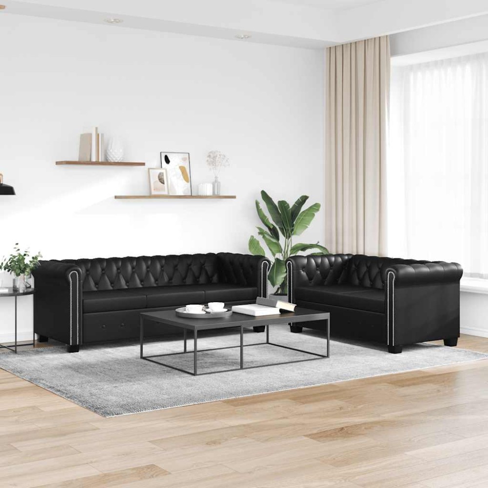 vidaXL Καναπέδες Chesterfield Διθέσιος + Τριθέσιος Μαύρο Συνθ. Δέρμα