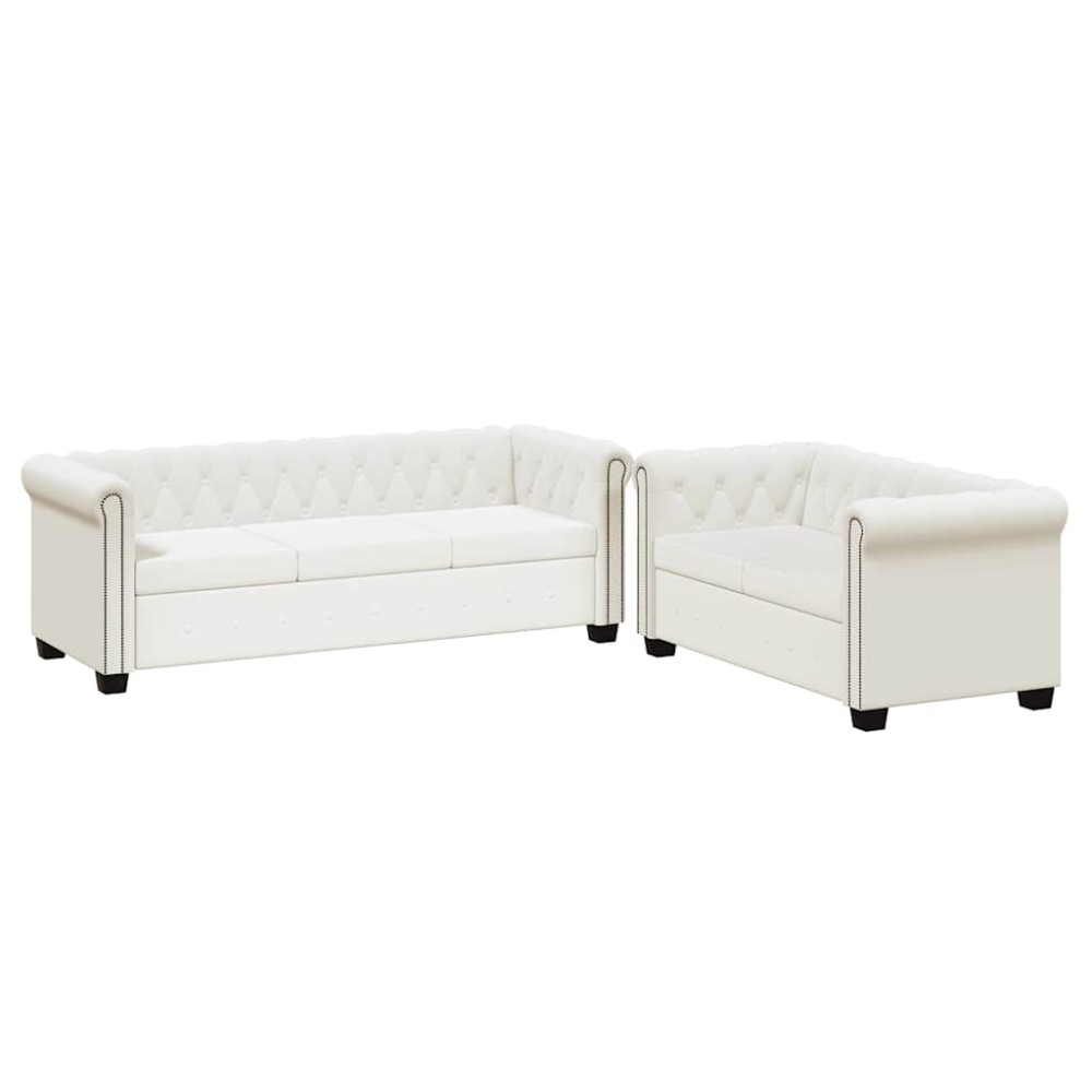 vidaXL Καναπέδες Chesterfield Διθέσιος + Τριθέσιος Λευκό Συνθ. Δέρμα