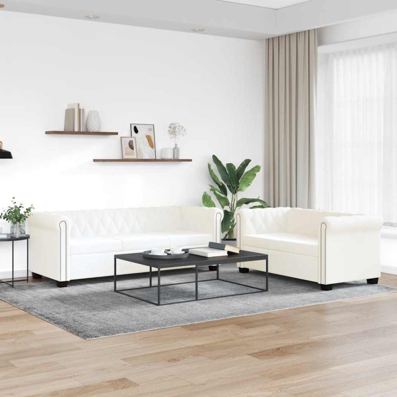 vidaXL Καναπέδες Chesterfield Διθέσιος + Τριθέσιος Λευκό Συνθ. Δέρμα
