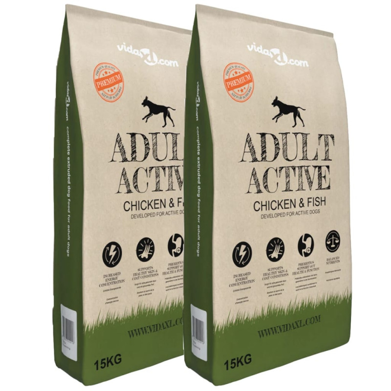 vidaXL Ξηρά Τροφή Σκύλων Premium Adult Active Chicken & Fish (2 x 15 κ.)