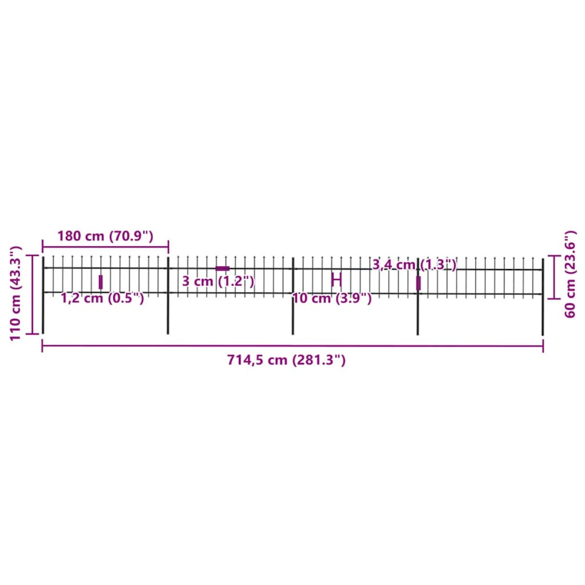 vidaXL Κάγκελα Περίφραξης με Λόγχες Μαύρα 6,8 x 0,6 μ. από Χάλυβα