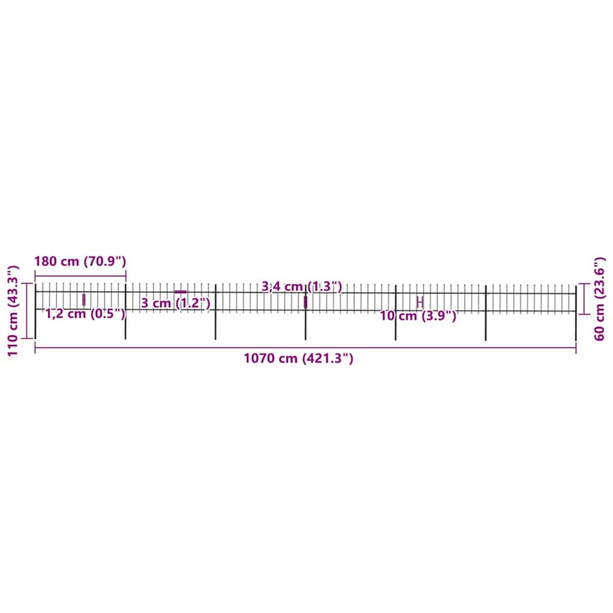 vidaXL Κάγκελα Περίφραξης με Λόγχες Μαύρα 10,2 x 0,6 μ. από Χάλυβα
