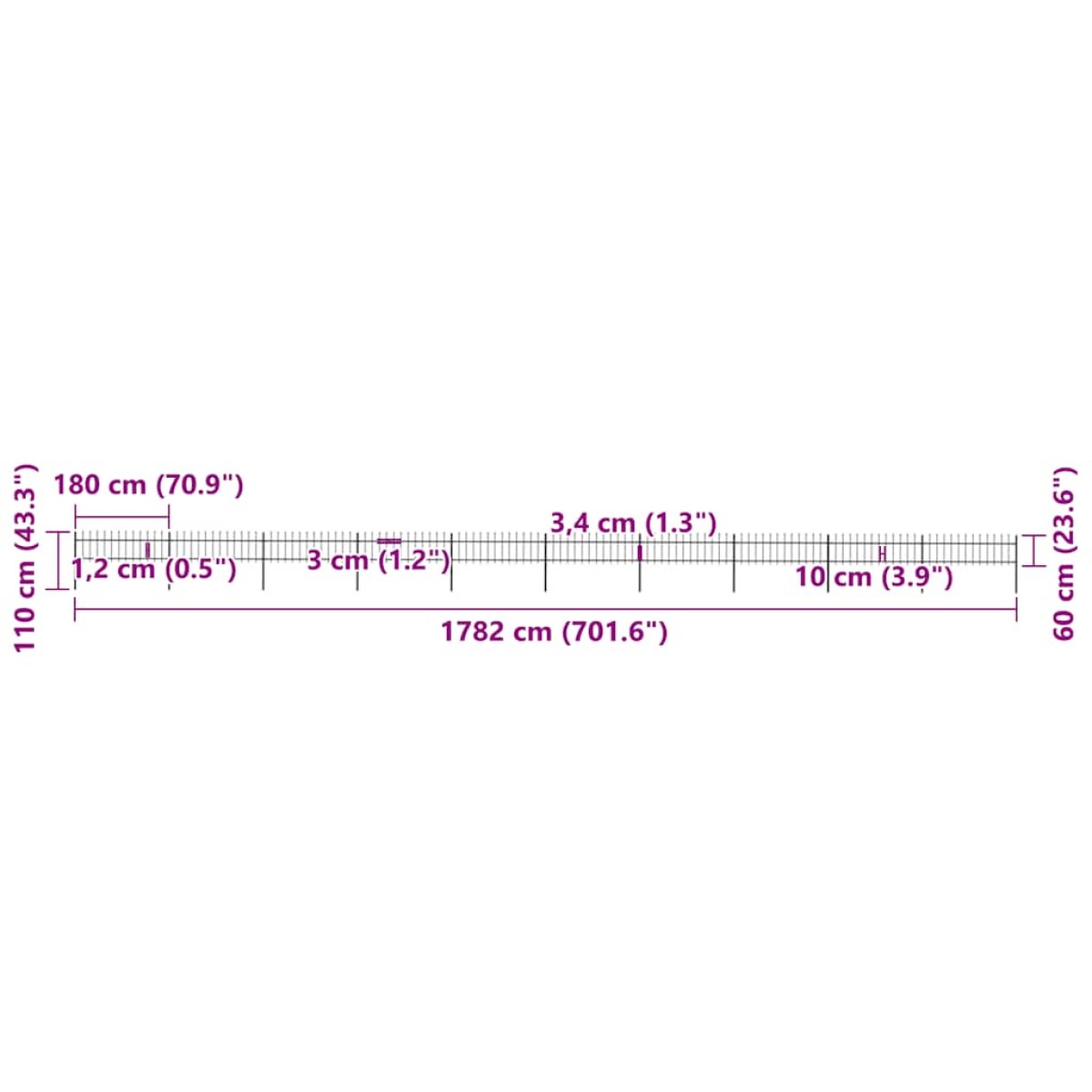 vidaXL Φράχτης Κήπου με Κορυφή Δόρυ από Ατσάλι 1673 x 60 εκ. Μαύρος