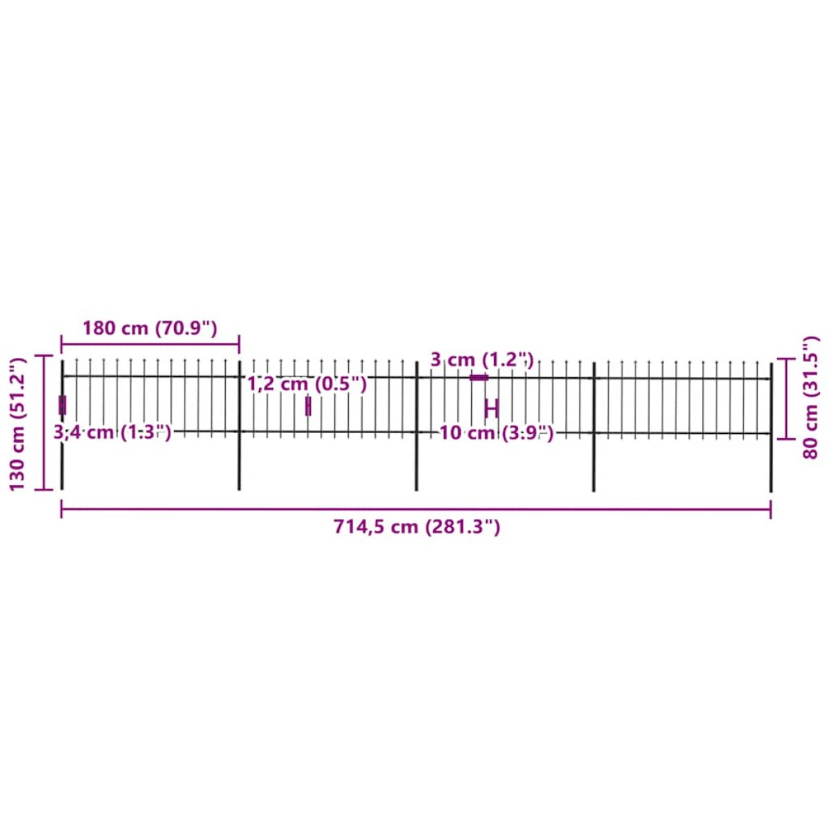 vidaXL Κάγκελα Περίφραξης με Λόγχες Μαύρα 6,8 x 0,8 μ. από Χάλυβα
