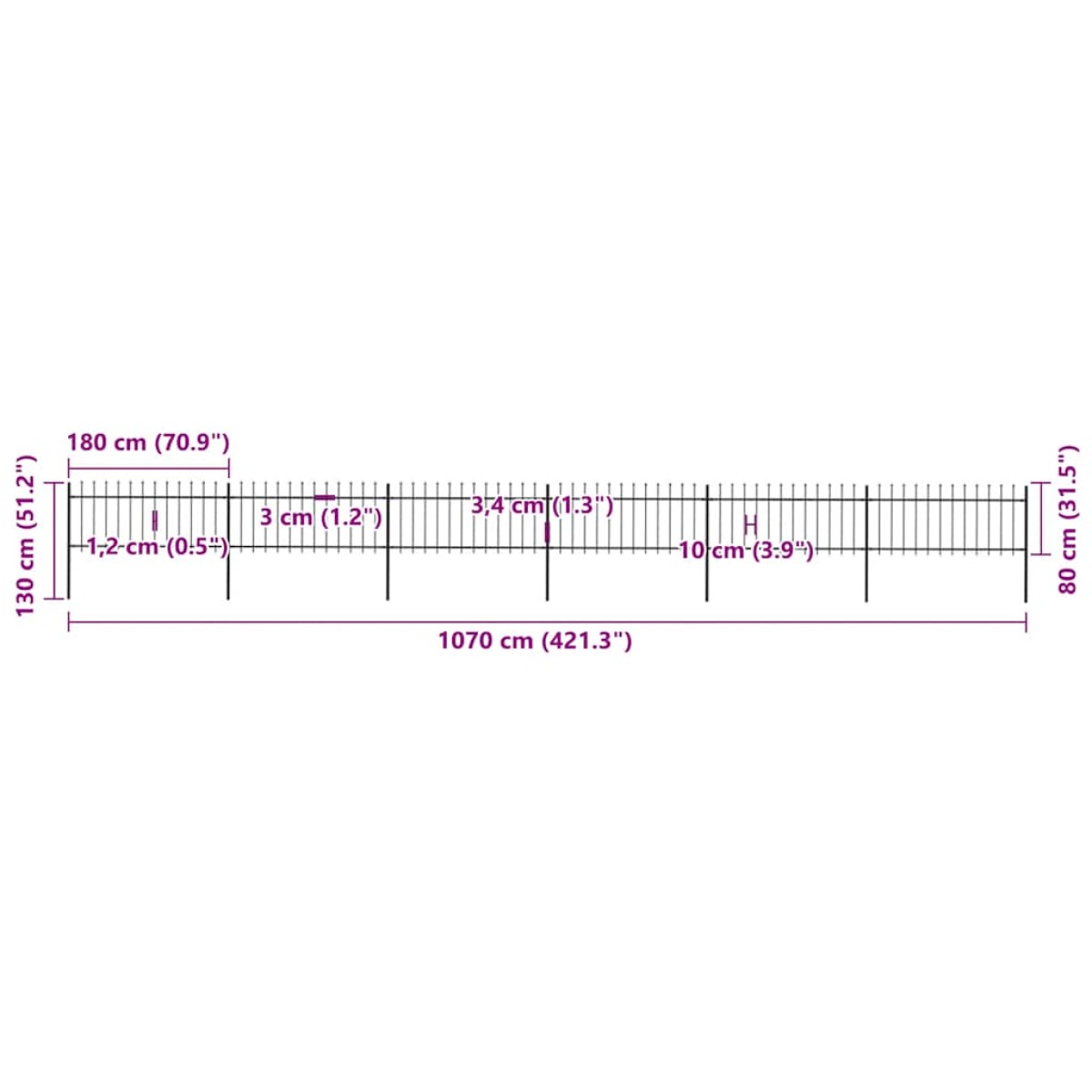 vidaXL Κάγκελα Περίφραξης με Λόγχες Μαύρα 10,2 x 0,8 μ. από Χάλυβα