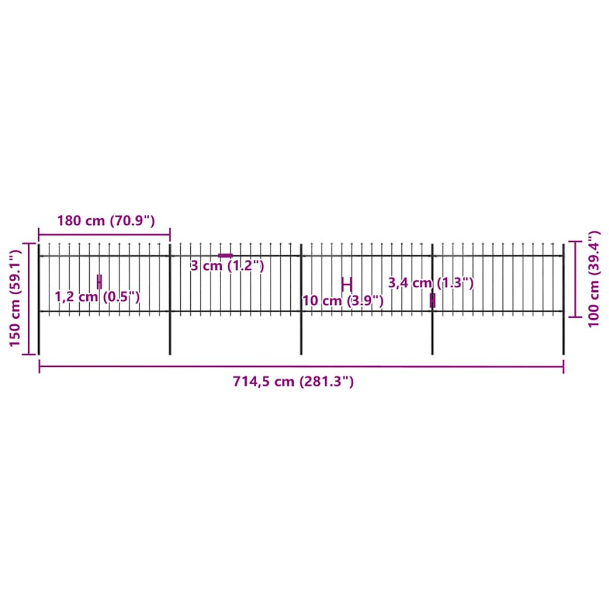 vidaXL Κάγκελα Περίφραξης με Λόγχες Μαύρα 6,8 x 1 μ. από Χάλυβα