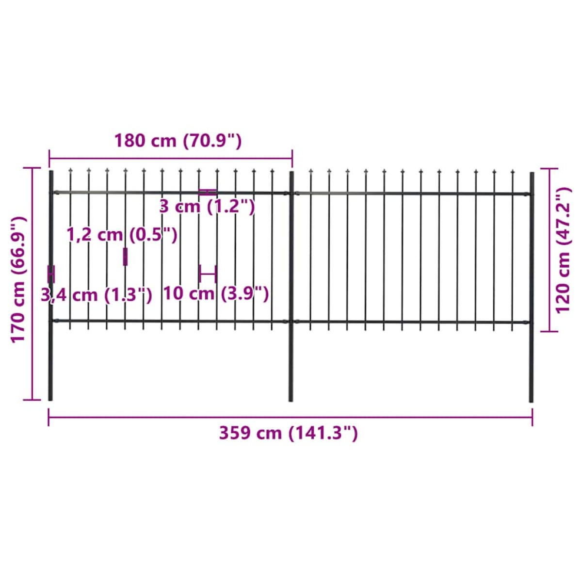 vidaXL Κάγκελα Περίφραξης με Λόγχες Μαύρα 3,4 x 1,2 μ. από Χάλυβα
