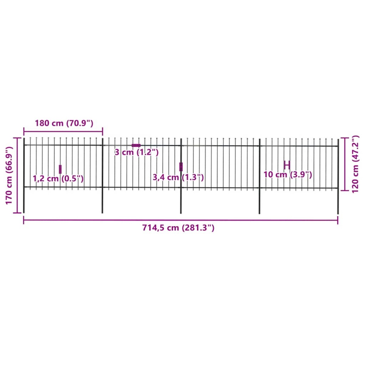 vidaXL Κάγκελα Περίφραξης με Λόγχες Μαύρα 6,8 x 1,2 μ. από Χάλυβα