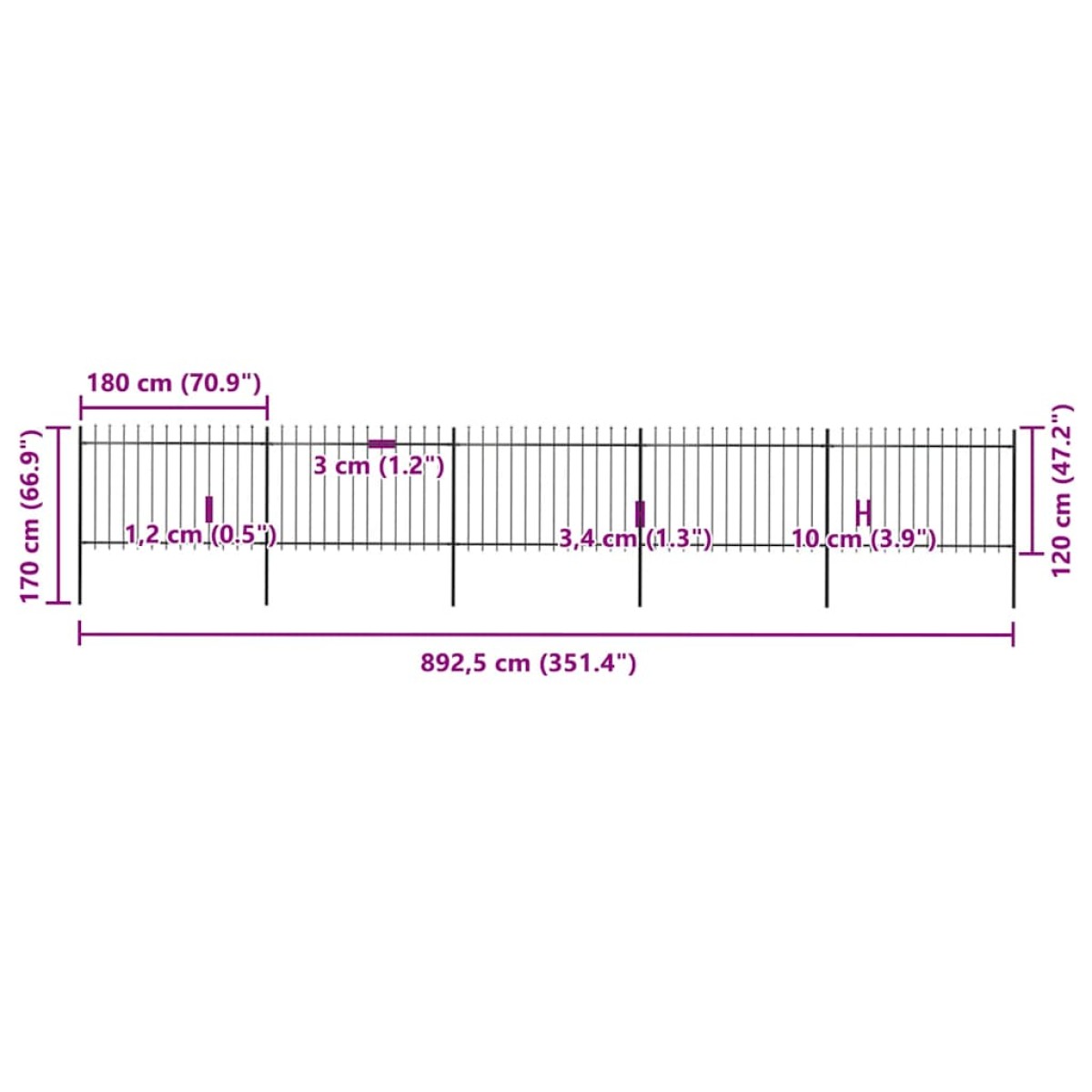 vidaXL Κάγκελα Περίφραξης με Λόγχες Μαύρα 8,5 x 1,2 μ. από Χάλυβα
