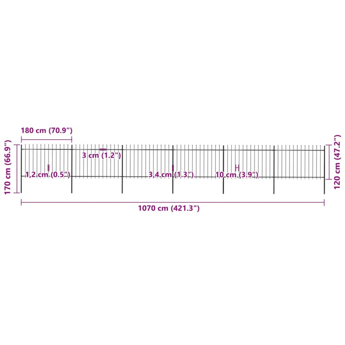 vidaXL Κάγκελα Περίφραξης με Λόγχες Μαύρα 10,2 x 1,2 μ. από Χάλυβα