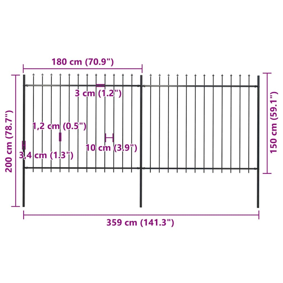 vidaXL Κάγκελα Περίφραξης με Λόγχες Μαύρα 3,4 x 1,5 μ. από Χάλυβα