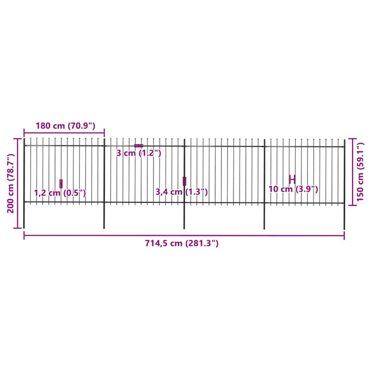 vidaXL Κάγκελα Περίφραξης με Λόγχες Μαύρα 6,8 x 1,5 μ. από Χάλυβα