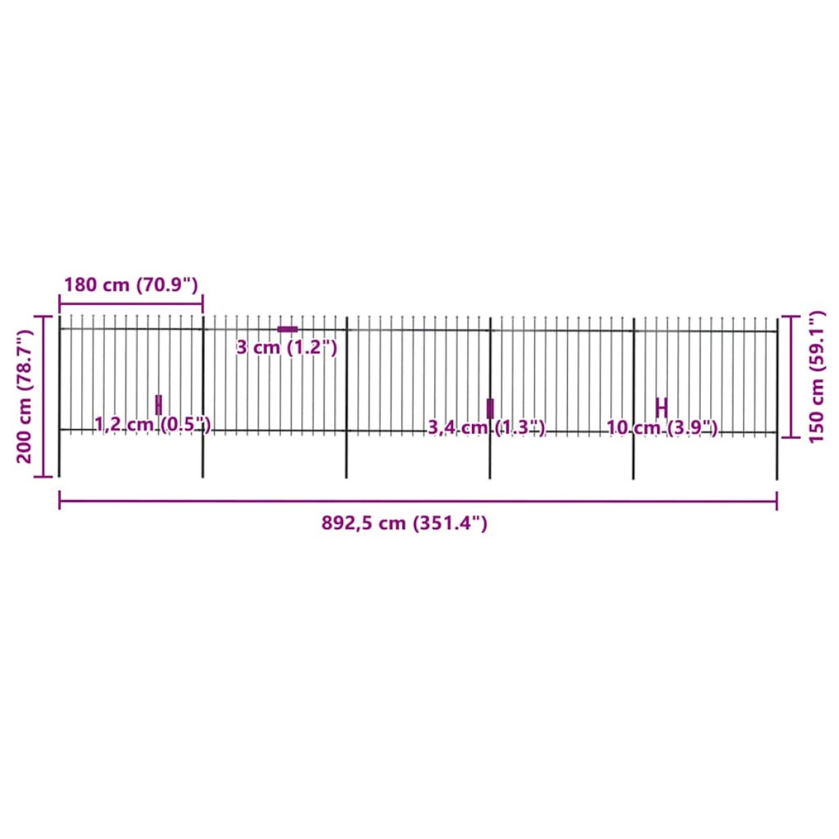 vidaXL Κάγκελα Περίφραξης με Λόγχες Μαύρα 8,5 x 1,5 μ. από Χάλυβα