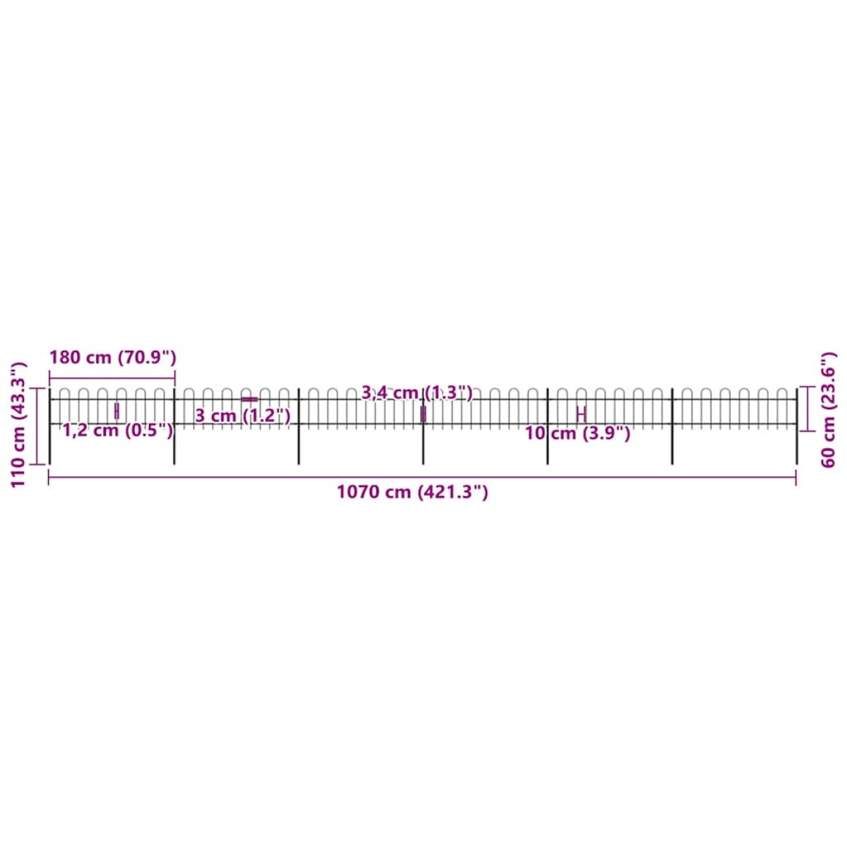 vidaXL Κάγκελα Περίφραξης με Κυκλική Κορυφή Μαύρα 10,2x0,6 μ. Ατσάλινα