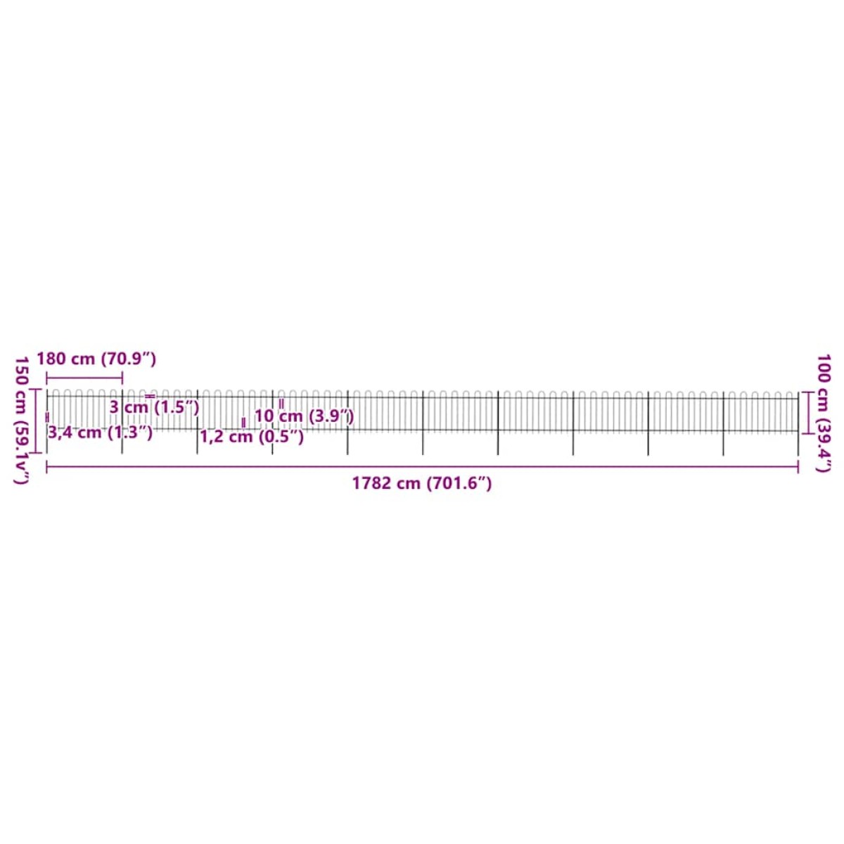 vidaXL Φράχτης Κήπου με Κορυφή από Ατσάλι 1673 x 100 εκ. Μαύρος
