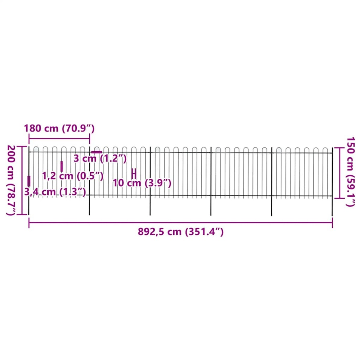 vidaXL Φράχτης Κήπου με Κορυφή από Ατσάλι 838 x 150 εκ. Μαύρος