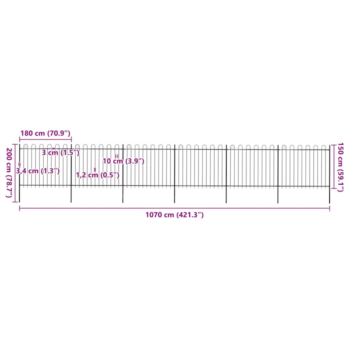 vidaXL Φράχτης Κήπου με Κορυφή από Ατσάλι 1005x150 εκ. Μαύρος