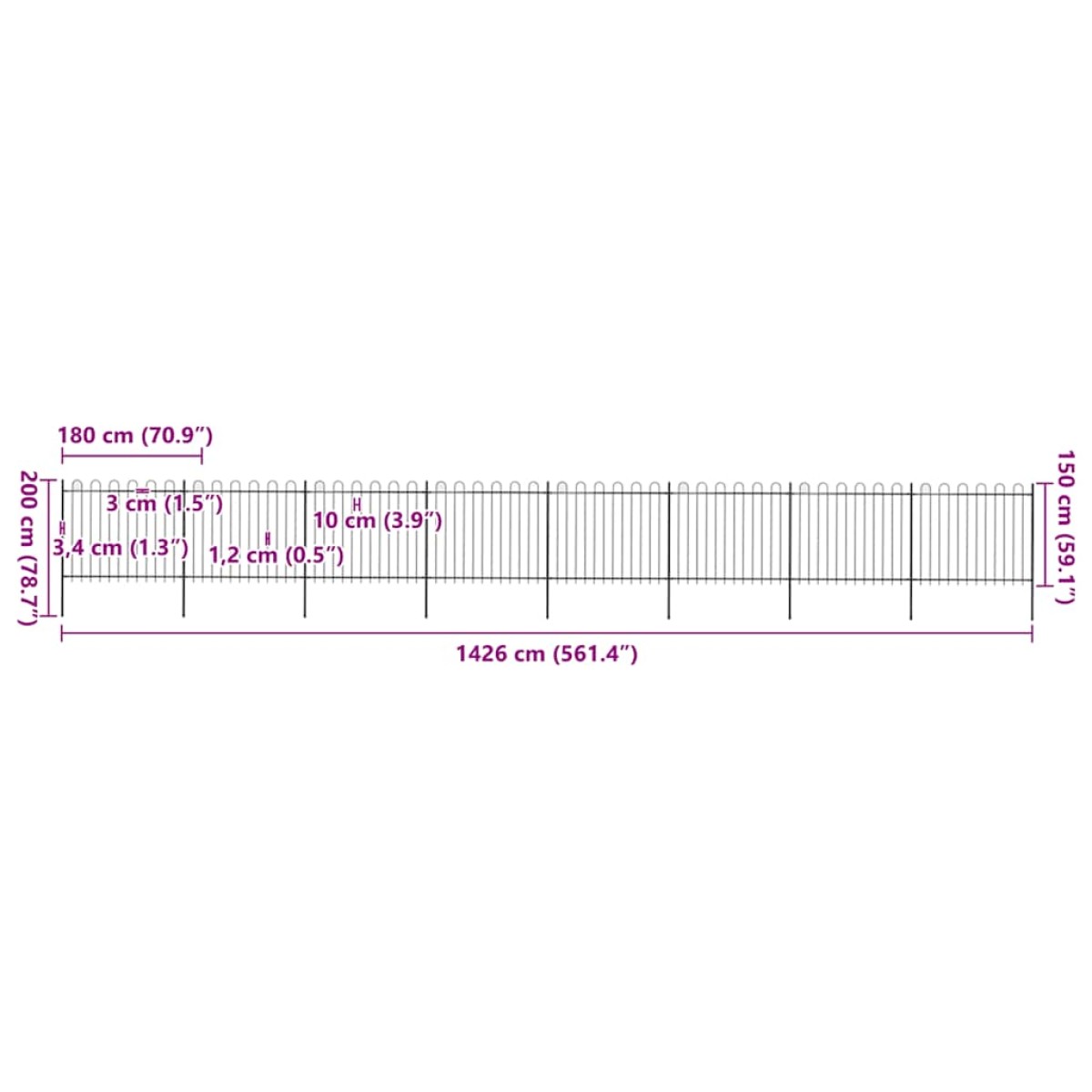 vidaXL Φράχτης Κήπου με Κορυφή από Ατσάλι 1339 x 150 εκ. Μαύρος