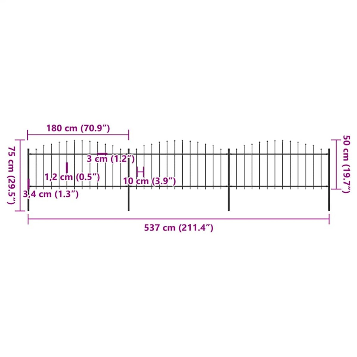 vidaXL Κάγκελα Περίφραξης με Λόγχες Μαύρα (0,5-0,75) x 5,1 μ. Ατσάλινα