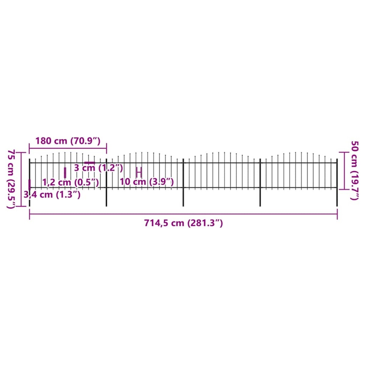 vidaXL Κάγκελα Περίφραξης με Λόγχες Μαύρα (0,5-0,75) x 6,8 μ. Ατσάλινα