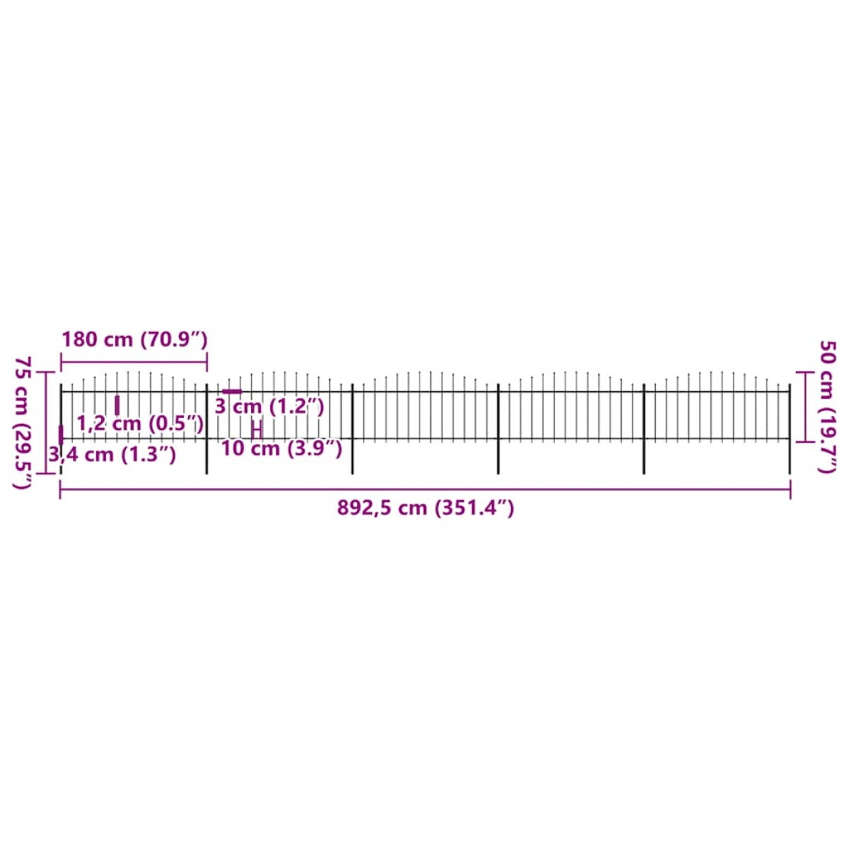 vidaXL Κάγκελα Περίφραξης με Λόγχες Μαύρα (0,5-0,75) x 8,5 μ. Ατσάλινα