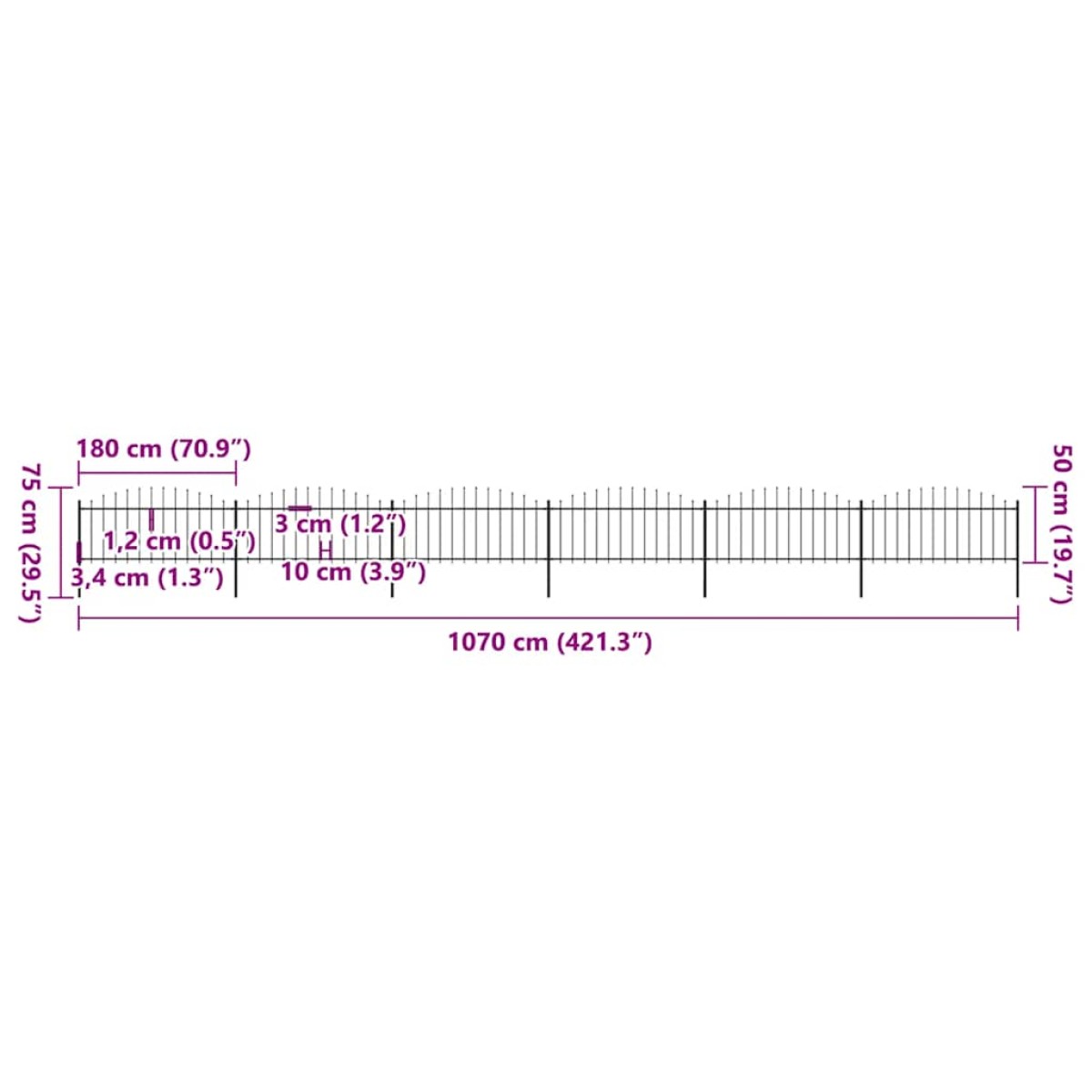 vidaXL Κάγκελα Περίφραξης με Λόγχες Μαύρα (0,5-0,75)x10,2 μ. Ατσάλινα