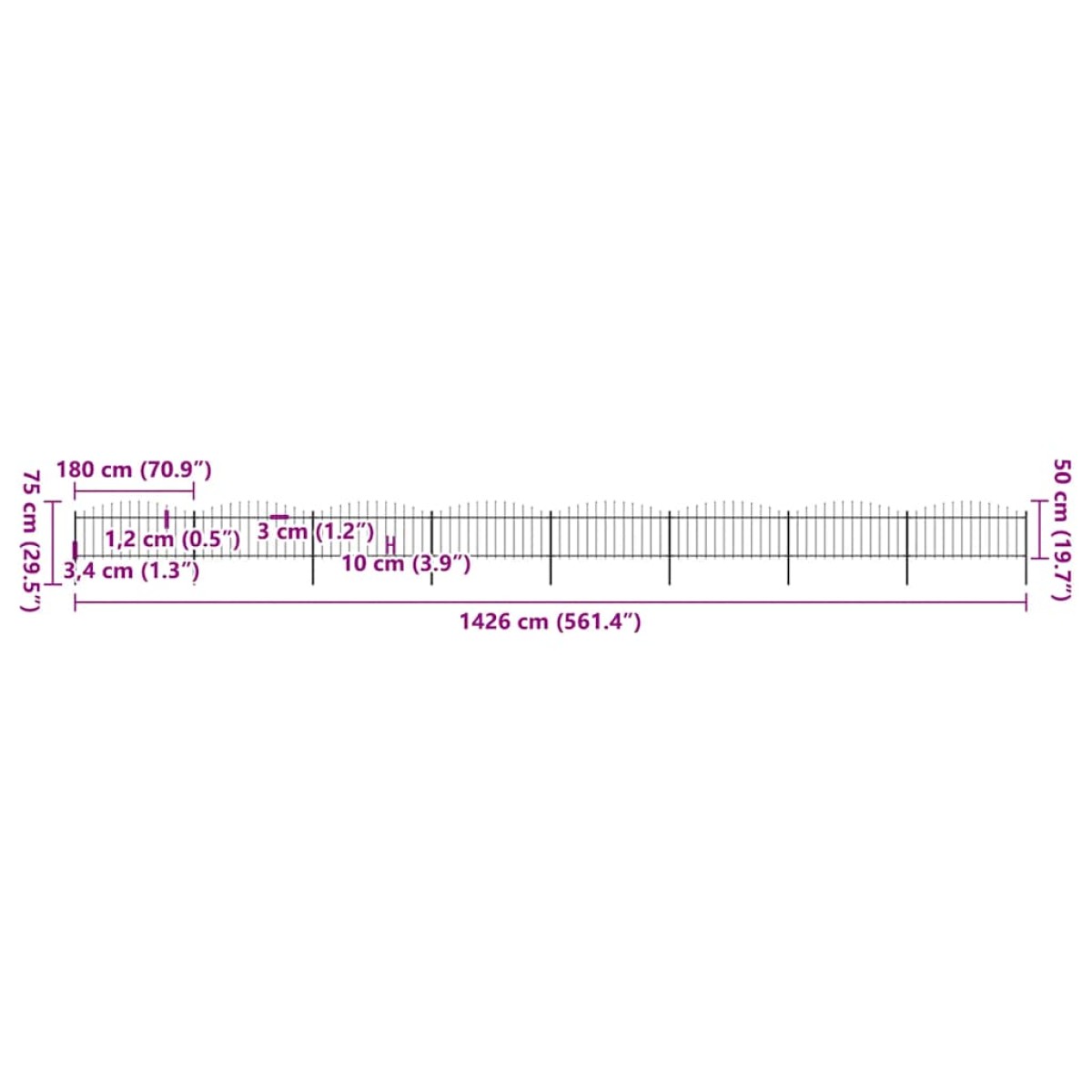 vidaXL Κάγκελα Περίφραξης με Λόγχες Μαύρα (0,5-0,75)x13,6 μ. Ατσάλινα