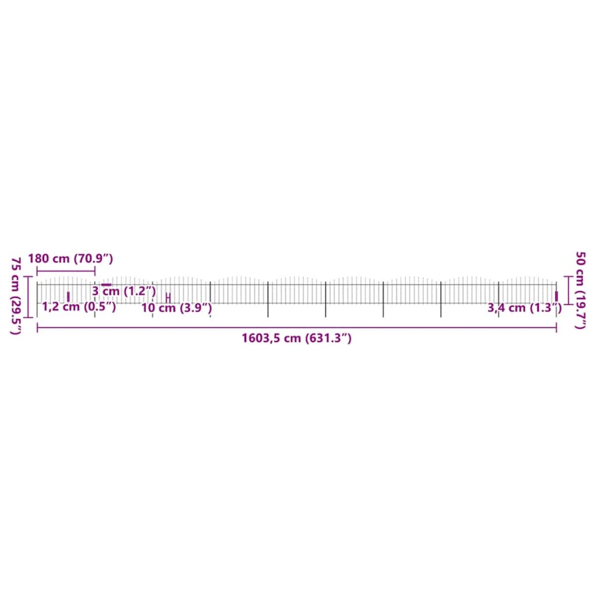 vidaXL Κάγκελα Περίφραξης με Λόγχες Μαύρα (0,5-0,75)x15,3 μ. Ατσάλινα